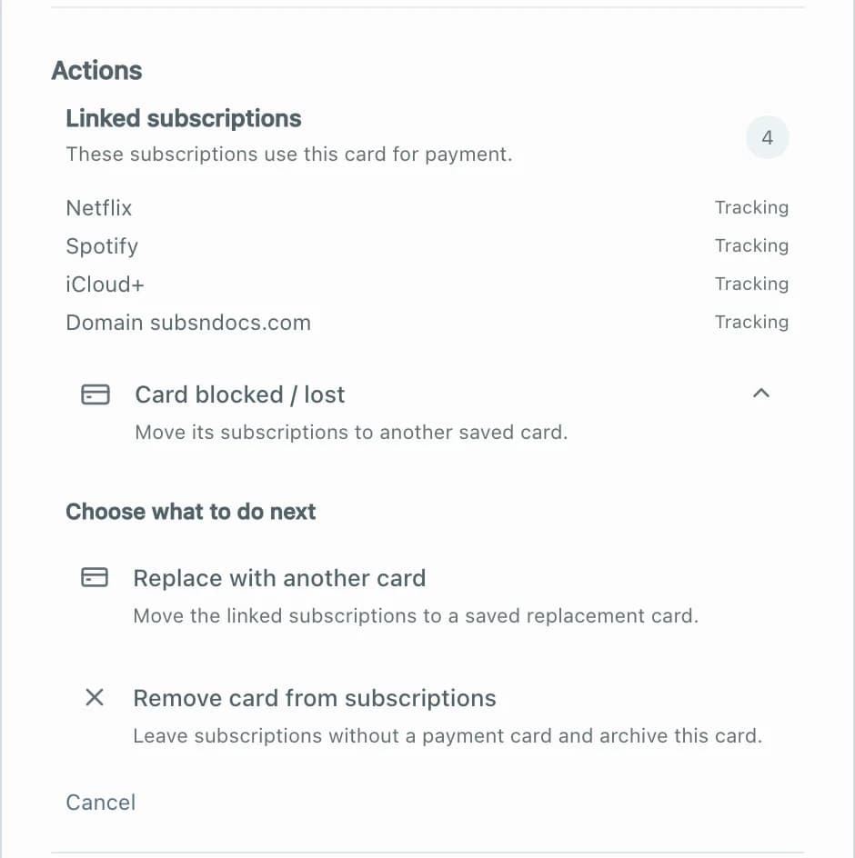 A card with four linked subscriptions and the options to replace the card or remove it from subscriptions
