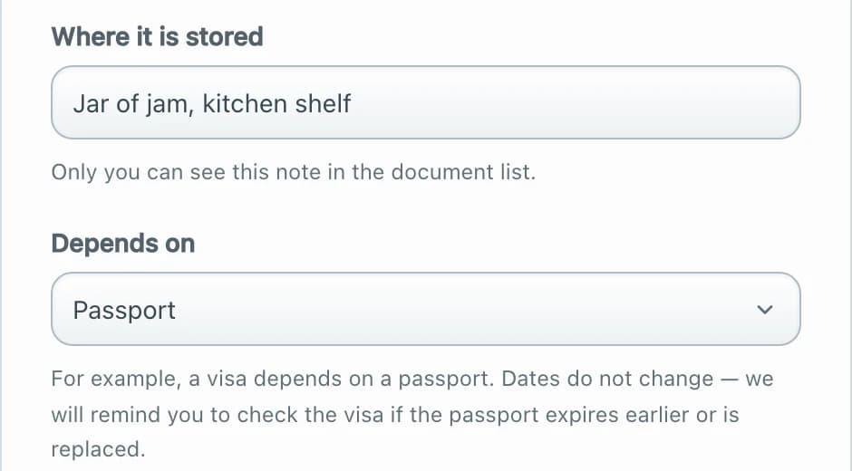 A document form with the fields where it is stored and what it depends on